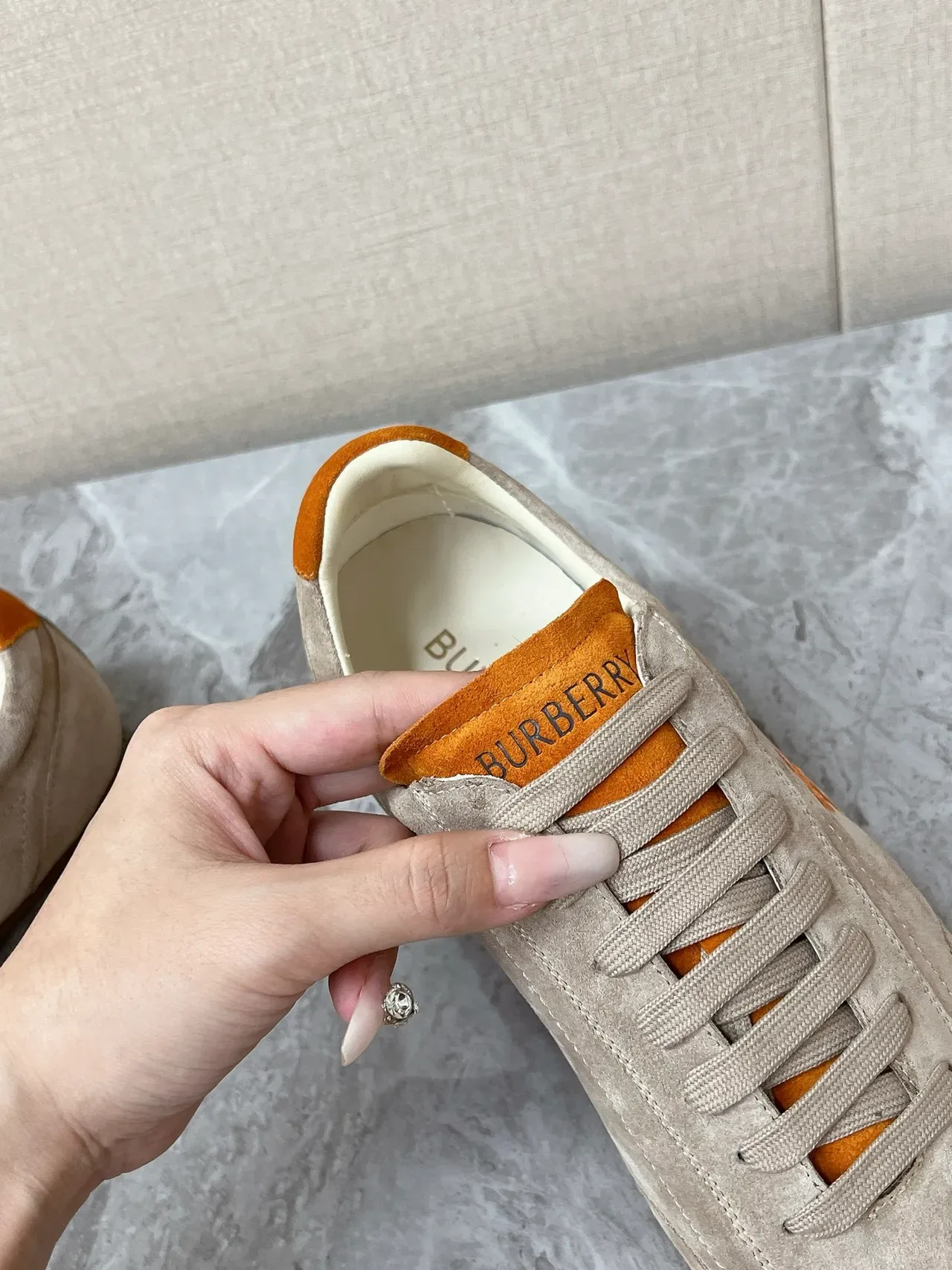 Burberry Beige Orange Suede Upper Embroidered Equestrian Knight Logo Lifestyle Sneakers 5