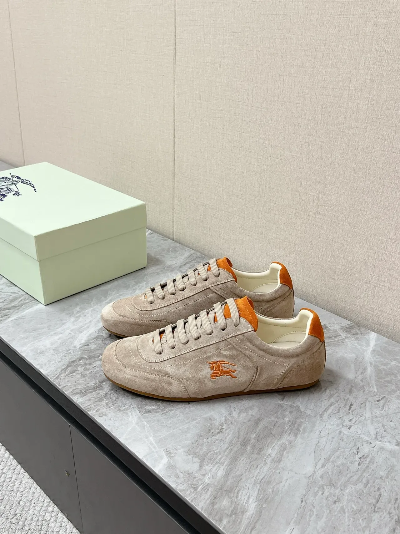 Burberry Beige Orange Suede Upper Embroidered Equestrian Knight Logo Lifestyle Sneakers 7