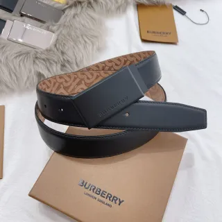 Burberry Black Beige Matte Rectangular Buckle Monogrammed Tan Interior Leather Belt