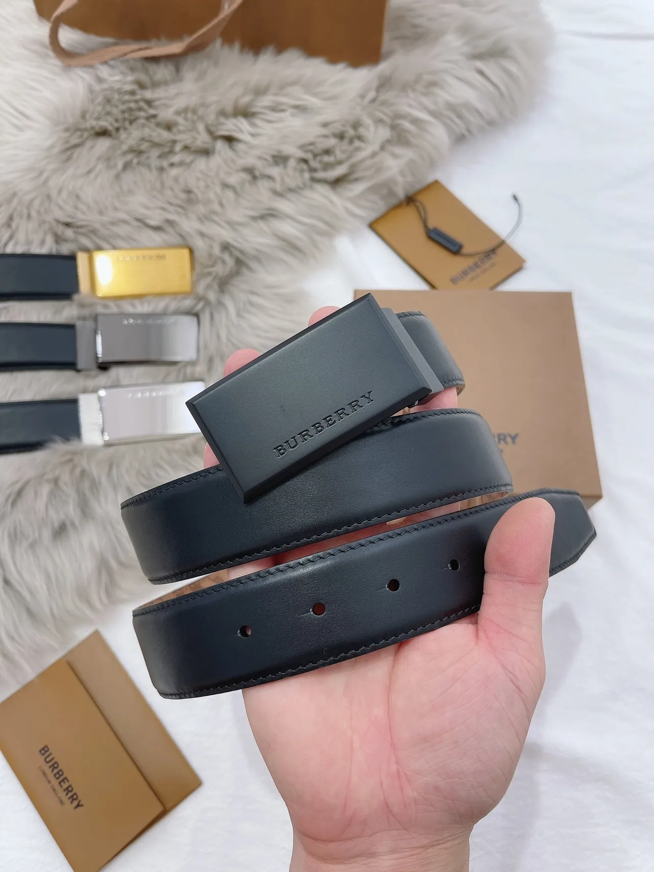 Burberry Black Beige Matte Rectangular Buckle Monogrammed Tan Interior Leather Belt 2