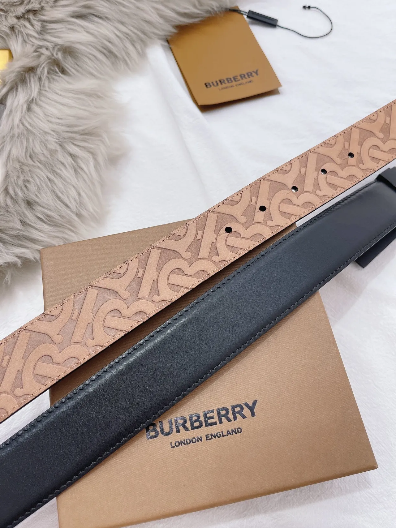 Burberry Black Beige Matte Rectangular Buckle Monogrammed Tan Interior Leather Belt 3