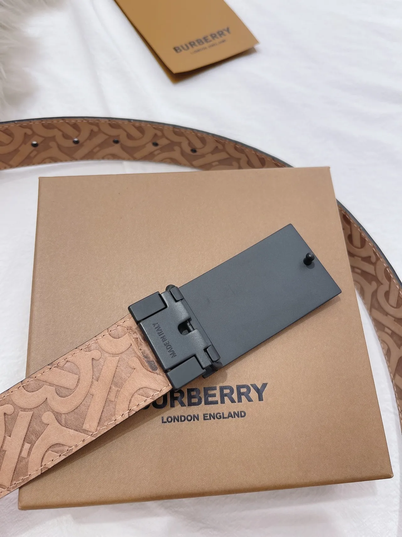 Burberry Black Beige Matte Rectangular Buckle Monogrammed Tan Interior Leather Belt 4
