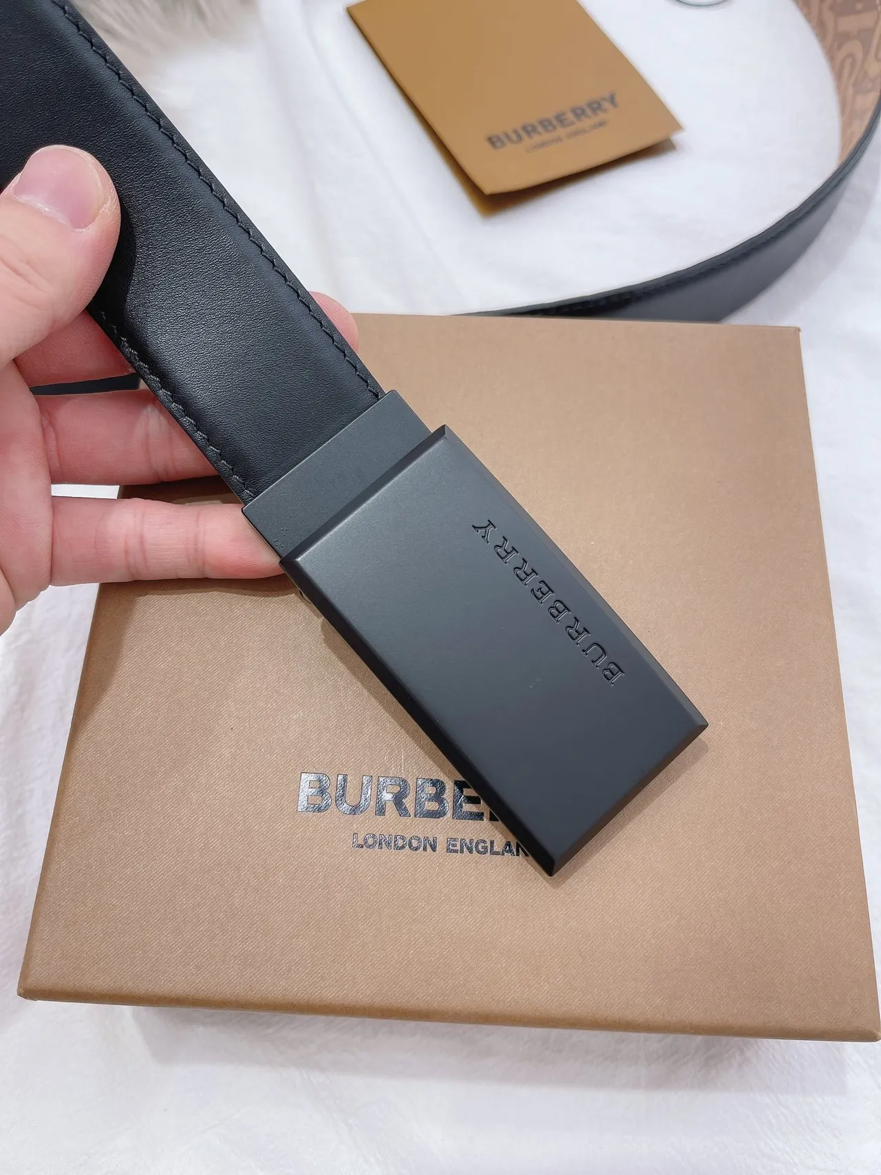 Burberry Black Beige Matte Rectangular Buckle Monogrammed Tan Interior Leather Belt 5