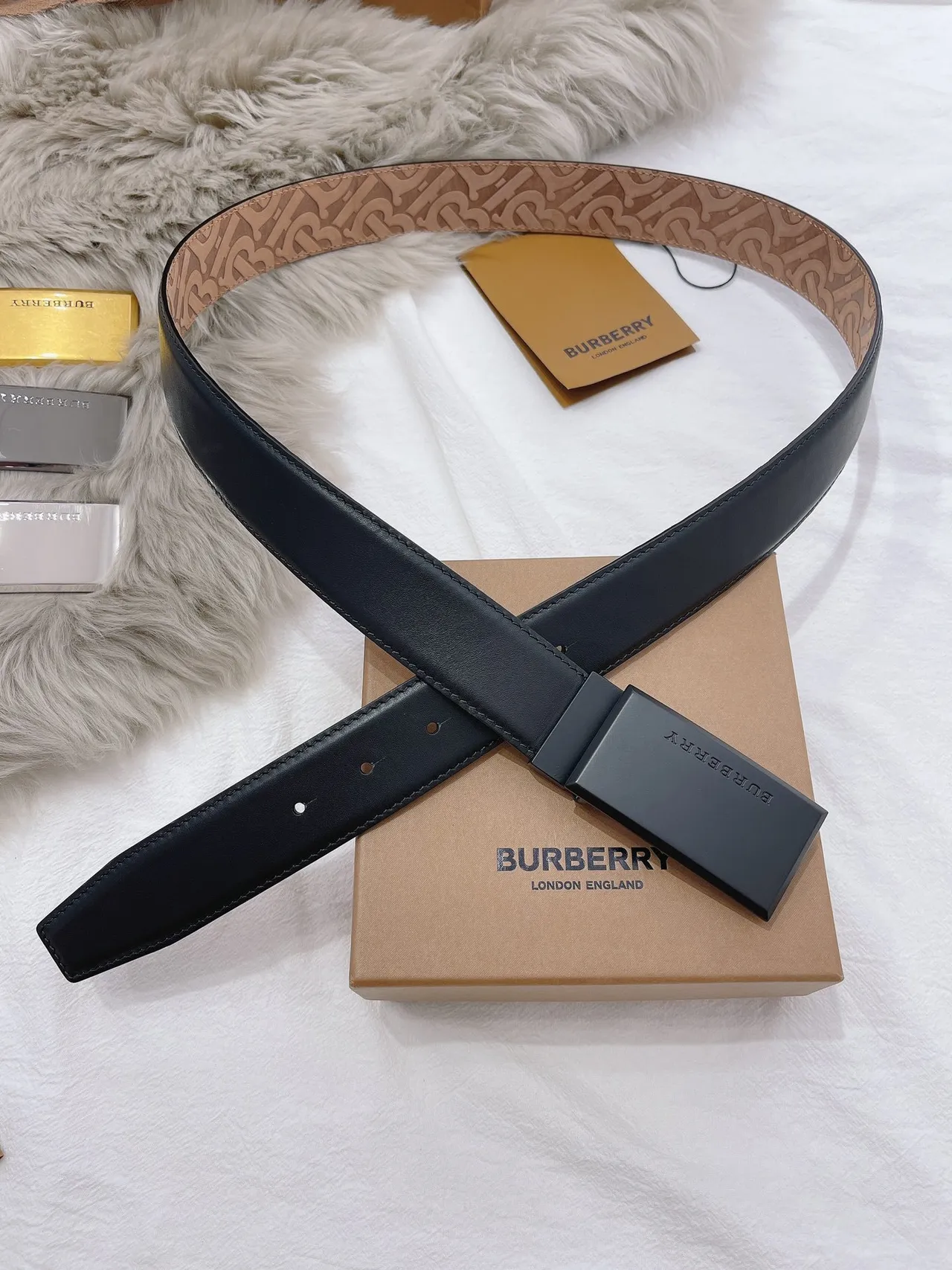 Burberry Black Beige Matte Rectangular Buckle Monogrammed Tan Interior Leather Belt 6