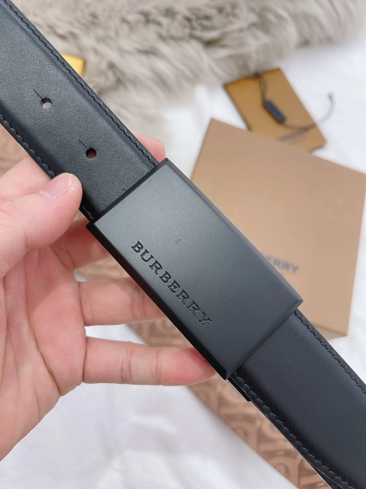 Burberry Black Beige Matte Rectangular Buckle Monogrammed Tan Interior Leather Belt 7