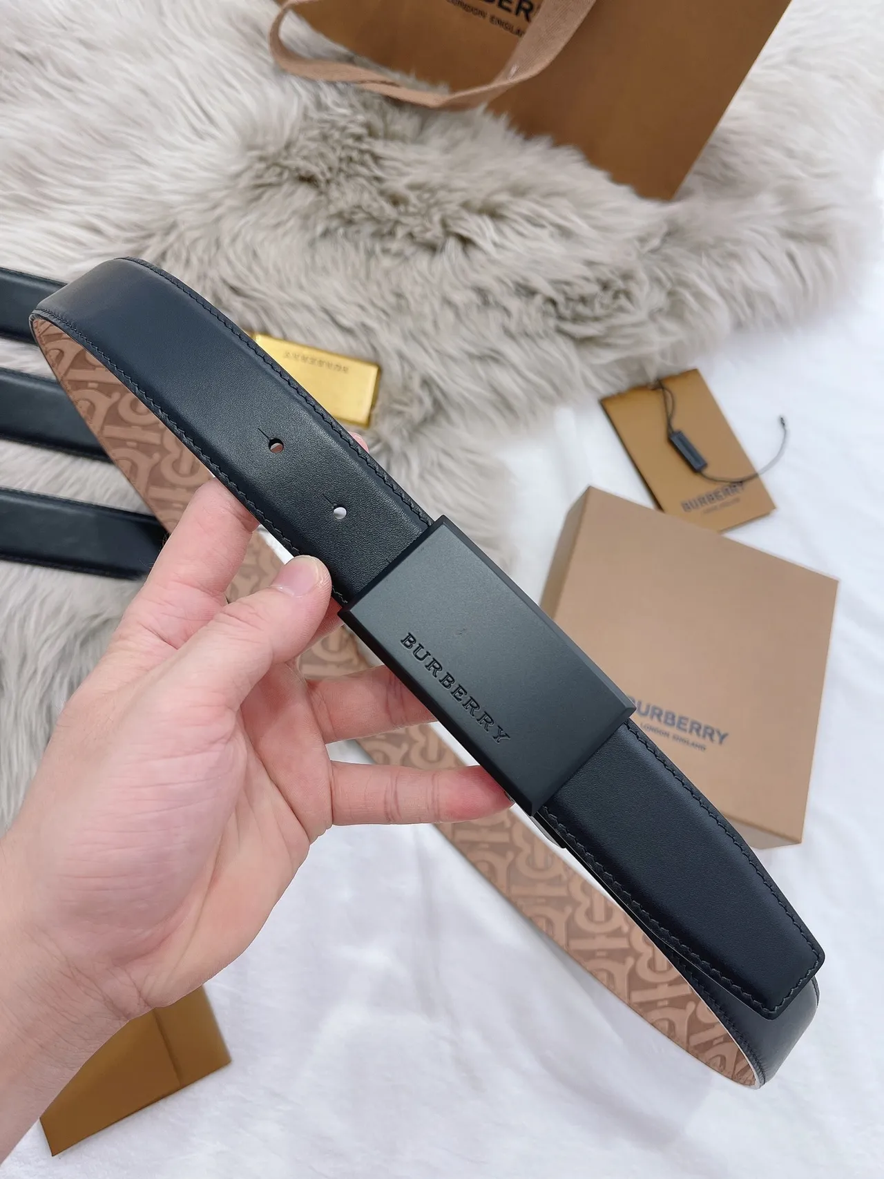 Burberry Black Beige Matte Rectangular Buckle Monogrammed Tan Interior Leather Belt 8