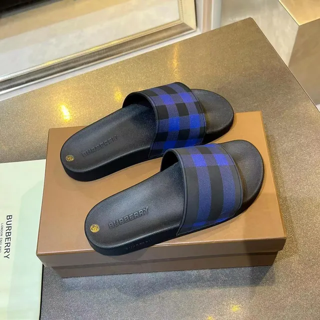 Burberry Black Blue Rubber Slide Nova Check Strap Slippers 2