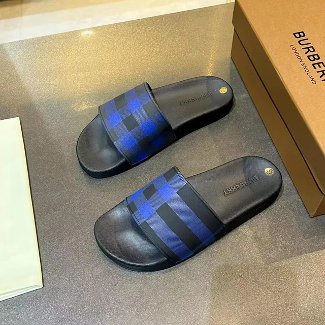 Burberry Black Blue Rubber Slide Nova Check Strap Slippers 3