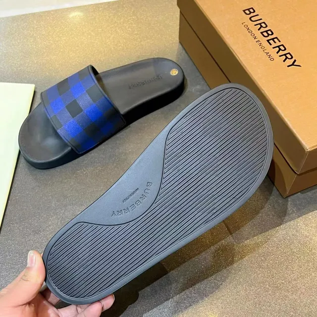 Burberry Black Blue Rubber Slide Nova Check Strap Slippers 4