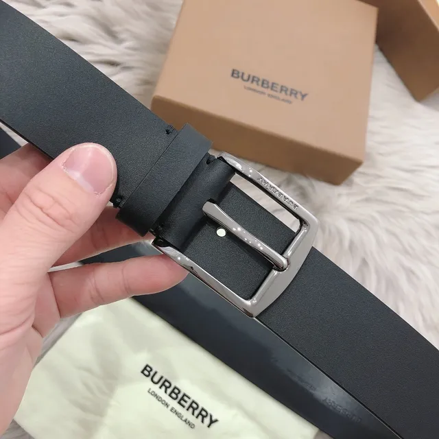 Burberry Black Silver Smooth Matte Rectangular Buckle Leather Belt 5