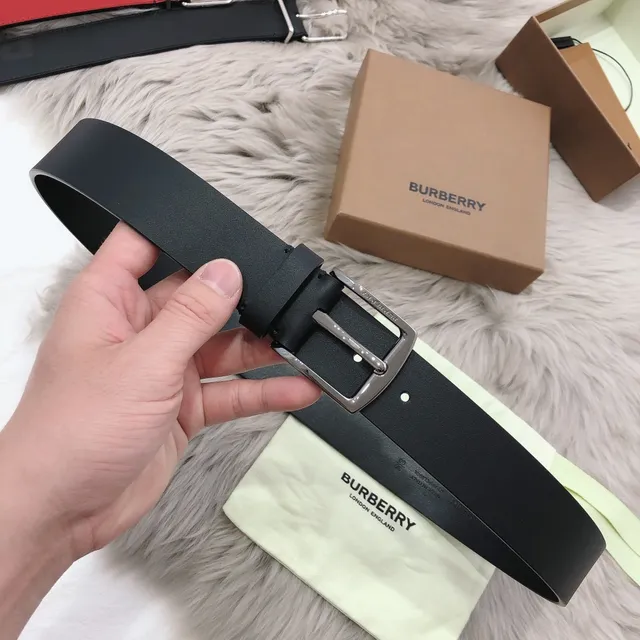 Burberry Black Silver Smooth Matte Rectangular Buckle Leather Belt 6