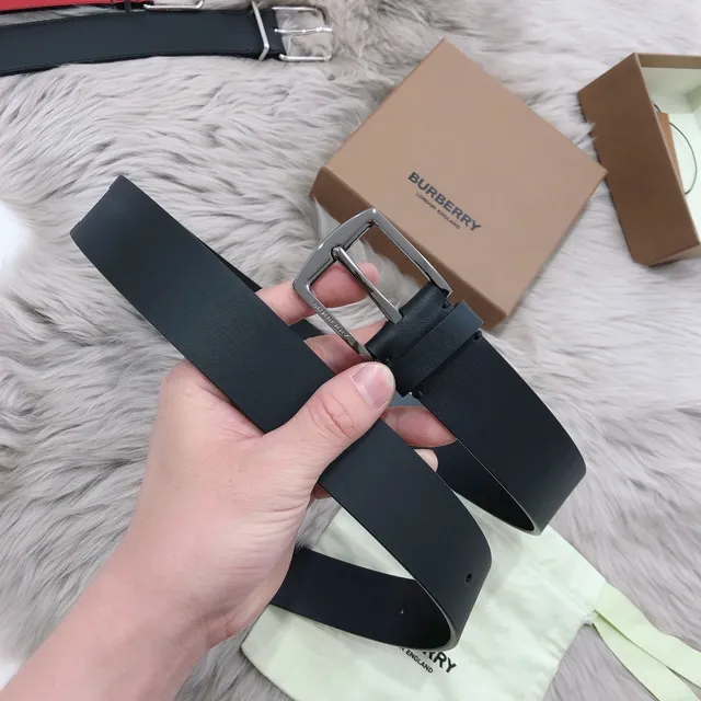 Burberry Black Silver Smooth Matte Rectangular Buckle Leather Belt 8