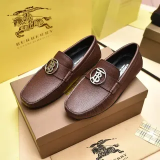 Burberry Brown Silver Pebbled Leather Metal TB Monogram Medallion Loafer