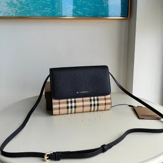 Burberry Check Flap Crossbody Black Beige Textured Leather Messenger Bag