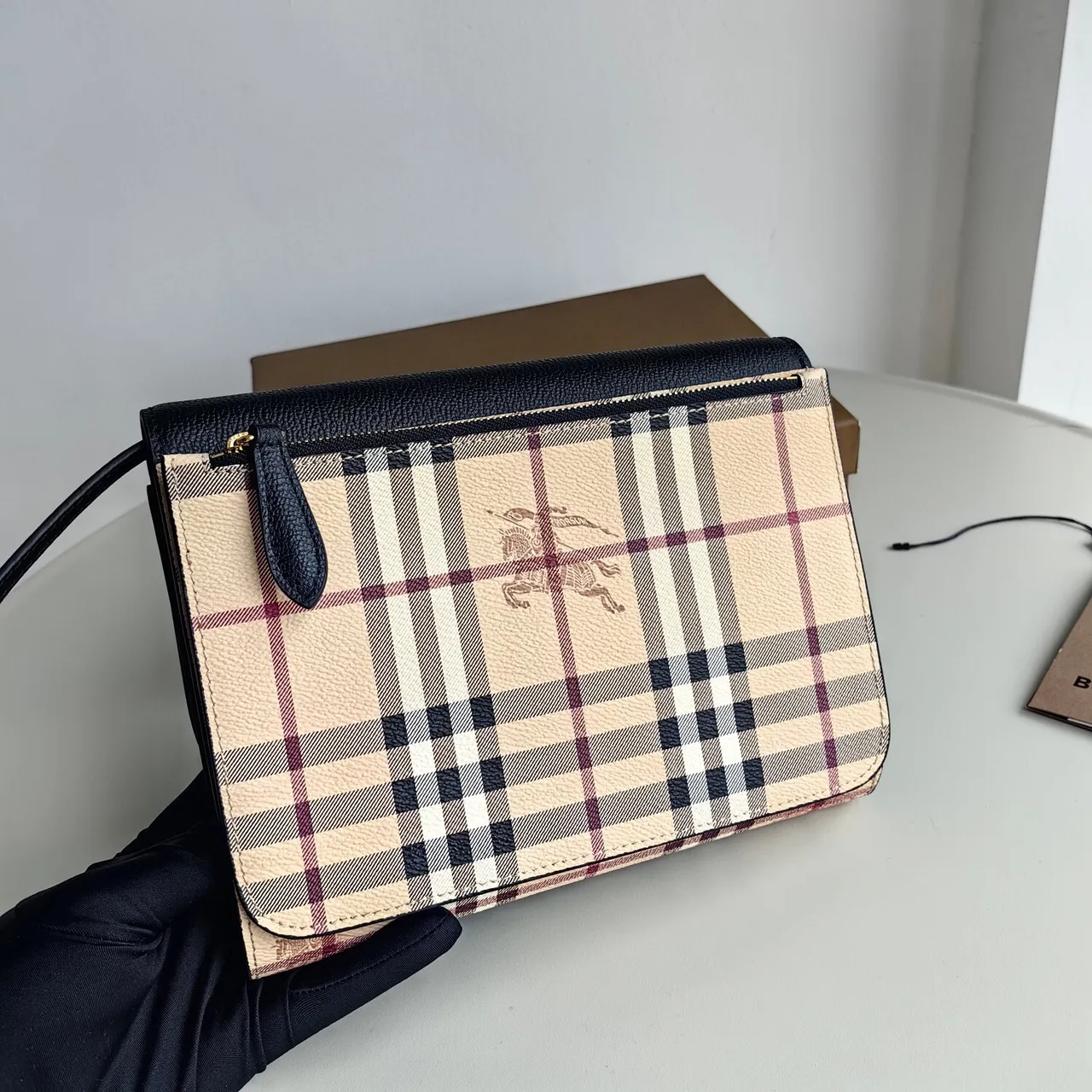 Burberry Check Flap Crossbody Black Beige Textured Leather Messenger Bag 3