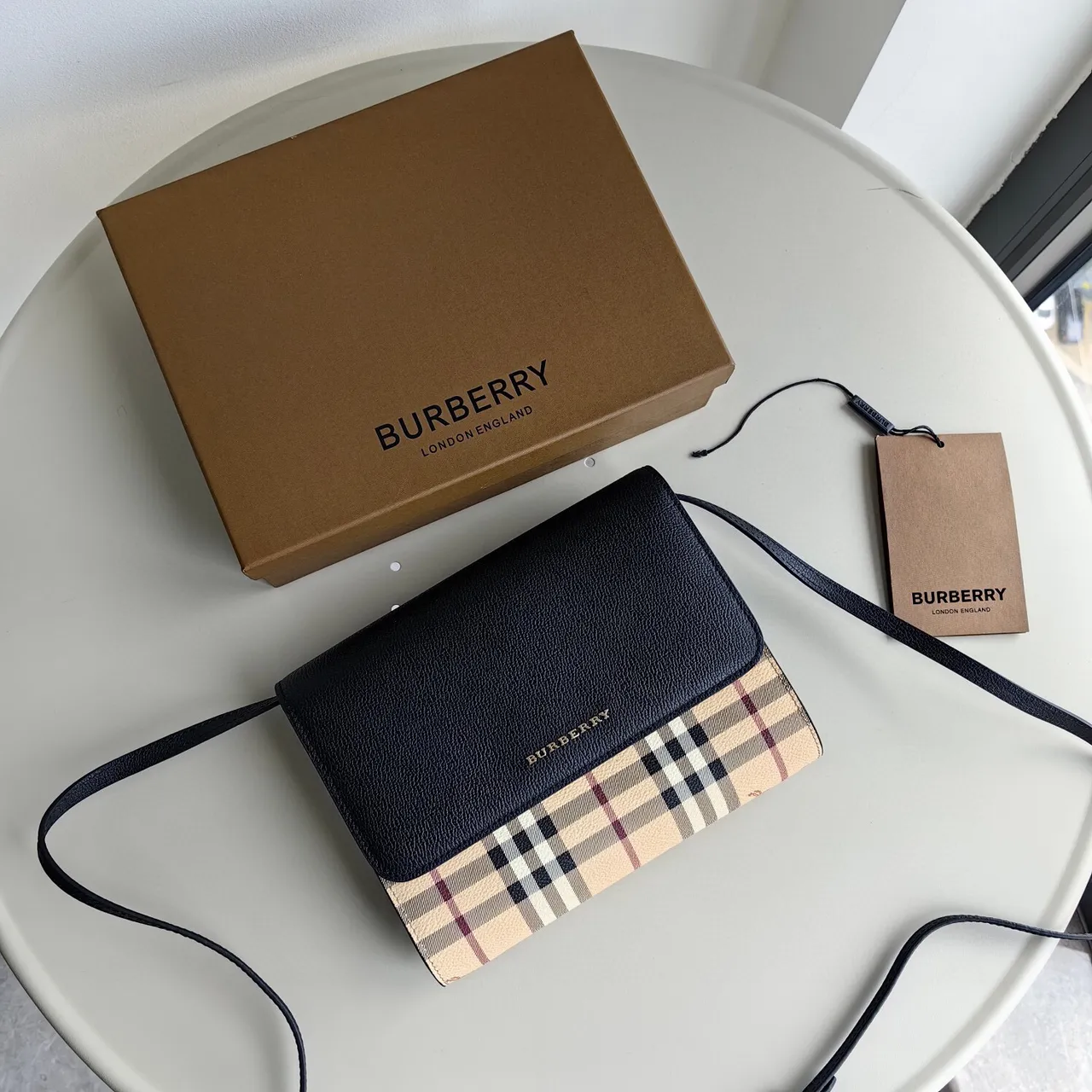 Burberry Check Flap Crossbody Black Beige Textured Leather Messenger Bag 4