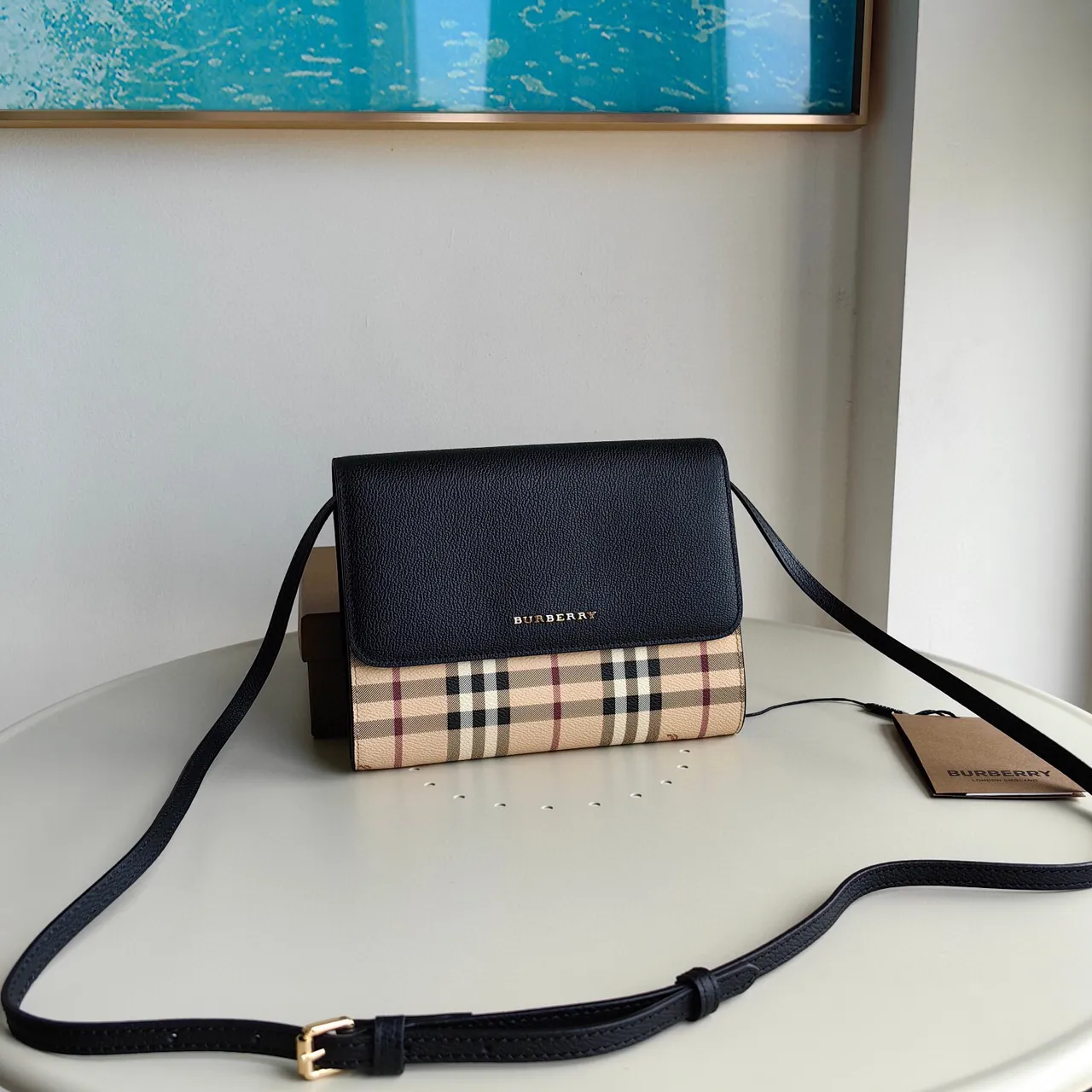 Burberry Check Flap Crossbody Black Beige Textured Leather Messenger Bag 5
