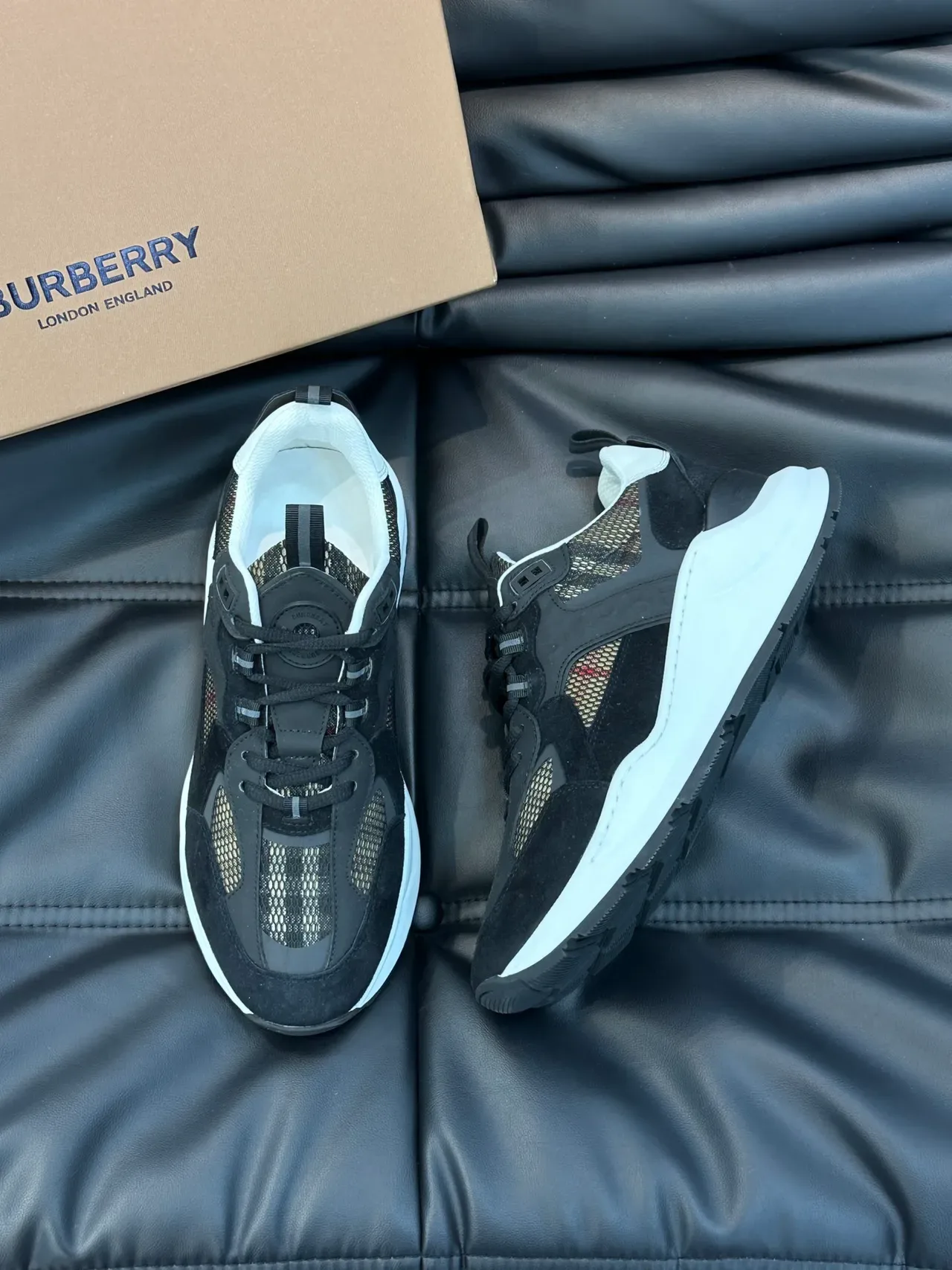 Burberry Lola Preto Branco Camada de Couro-Mesh-Xadrez Superior Sola Esculpida Tênis Chunky 4
