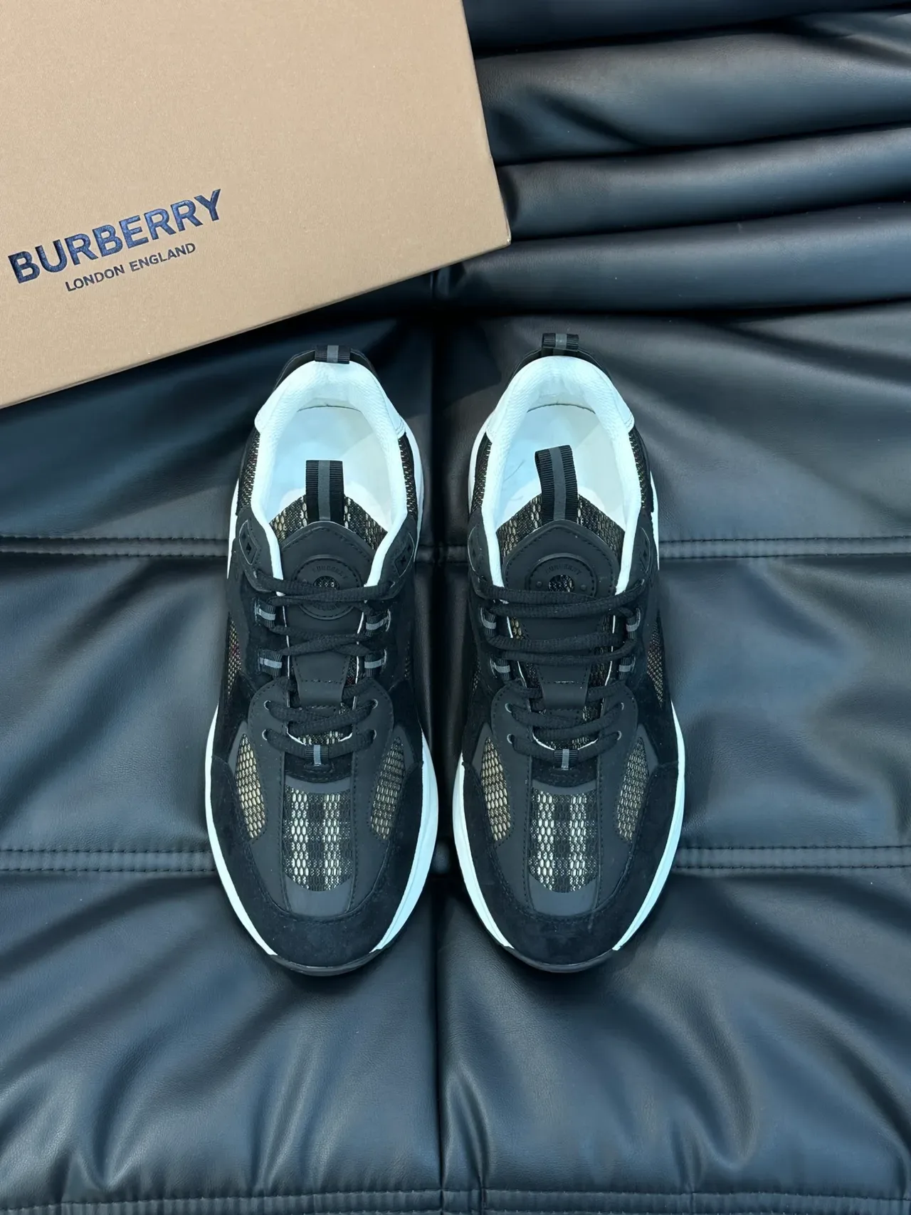 Burberry Lola Preto Branco Camada de Couro-Mesh-Xadrez Superior Sola Esculpida Tênis Chunky 5