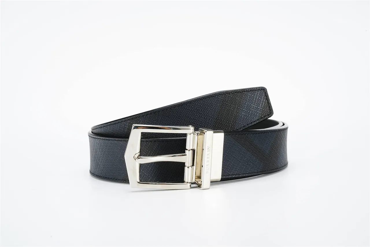 Burberry Reversible Belt Black Navy Check-Patterned Fabric Leather Belt 5