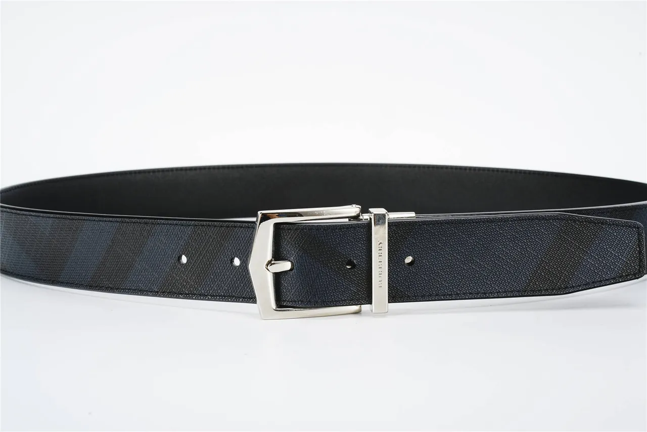 Burberry Reversible Belt Black Navy Check-Patterned Fabric Leather Belt 8