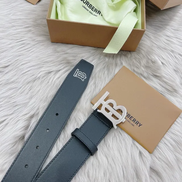 Burberry TB Belt Couro Escuro Fivela Preta Fosca Cinto de Couro 6