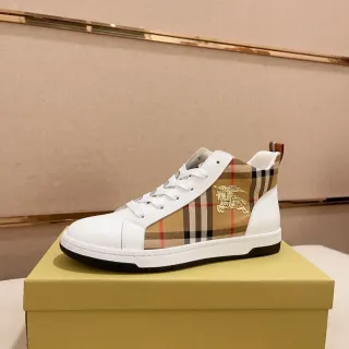 Burberry White Beige High-Top Leather-and-Check-Panel Lifestyle Sneakers