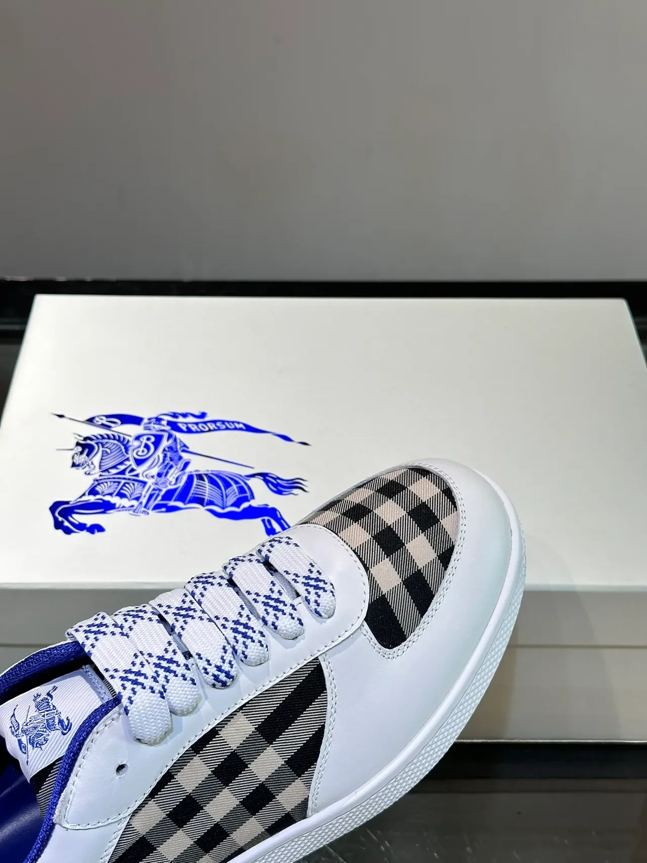 Burberry White Navy Leather Upper House Check Panel Lifestyle Sneakers 3