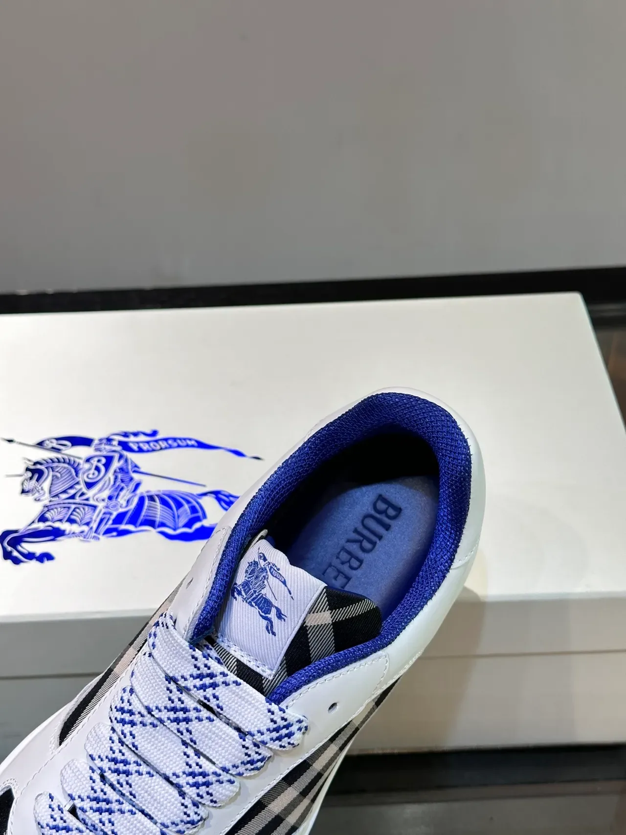 Burberry White Navy Leather Upper House Check Panel Lifestyle Sneakers 4