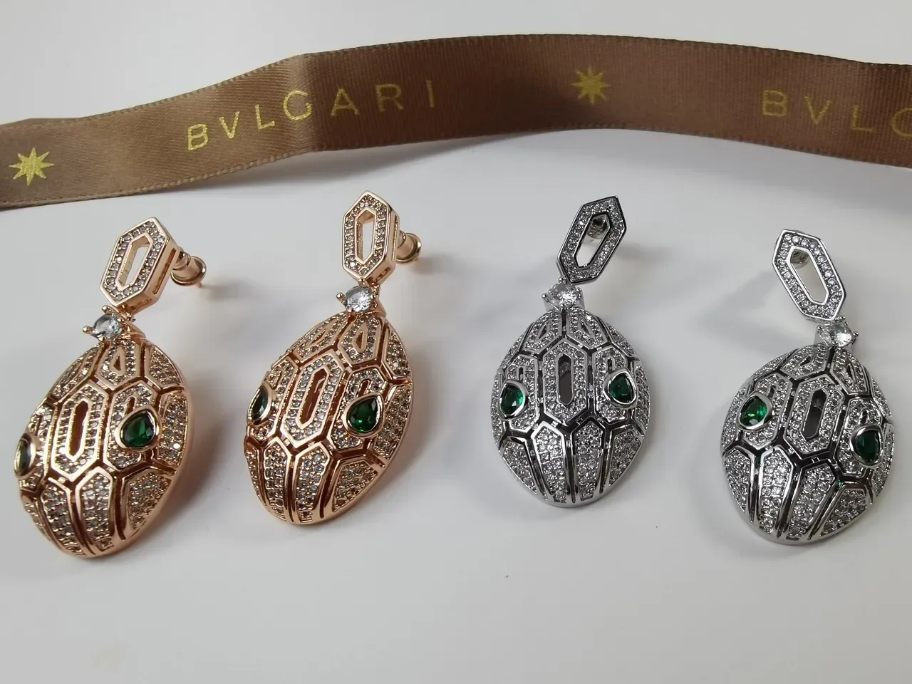 Bvlgari Pavé-Set Geometric Teardrop Emerald Accent Earrings 2