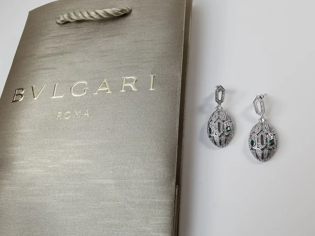 Bvlgari Pavé-Set Geometric Teardrop Emerald Accent Earrings 4