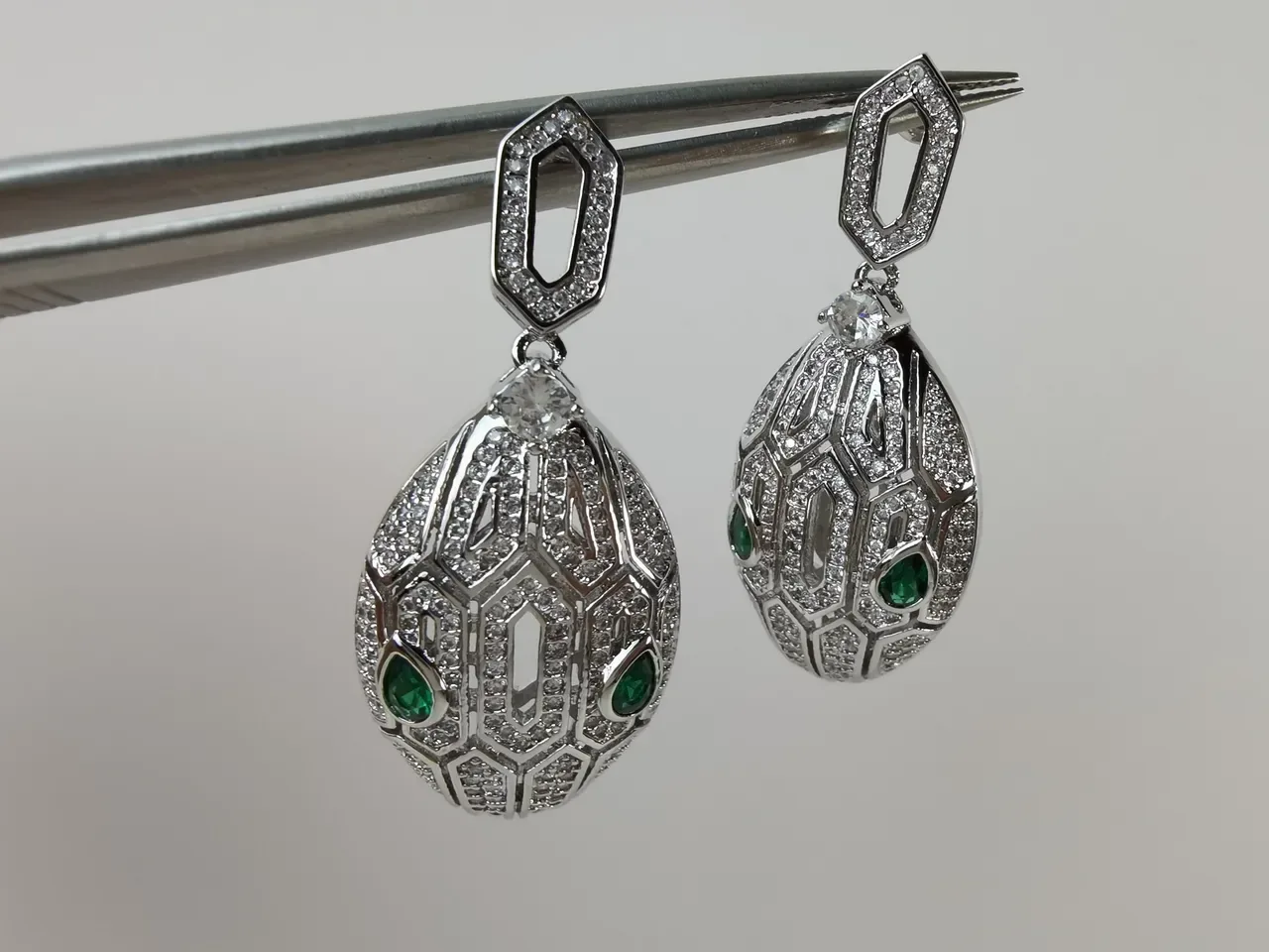 Bvlgari Pavé-Set Geometric Teardrop Emerald Accent Earrings 6