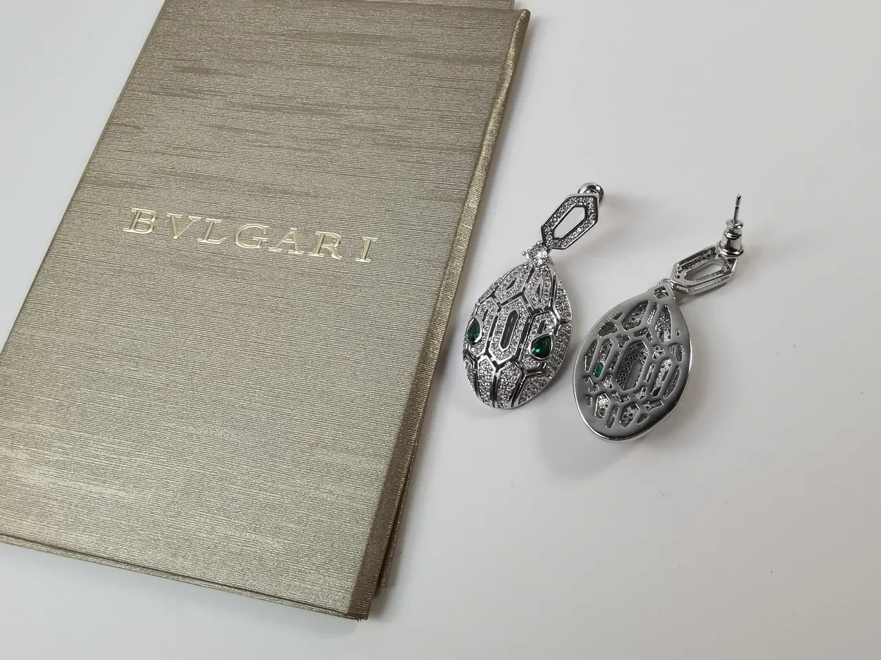 Bvlgari Pavé-Set Geometric Teardrop Emerald Accent Earrings 7