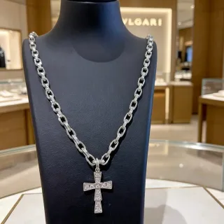 Bvlgari Silver Pavé-Set Cross Pendant Heavy Curb-Link Chain Necklace
