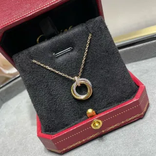Cartier Gold Black Interlocking Double-Ring Pendant Pavé-Diamond Accent Necklace