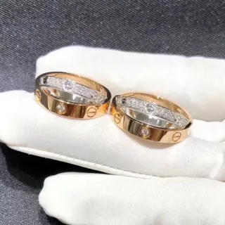 Cartier Love Double-Band Screw-Motif Paved Diamond Two-Tone Gold Rings