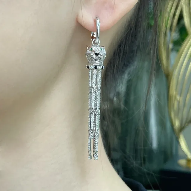 Cartier Panthère de boucles d'oreilles en argent et or tête de panthère couronnée Pavé franges de glands 8