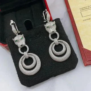 Cartier Panthère Panther Head Pavé Diamond Green Eye Earrings