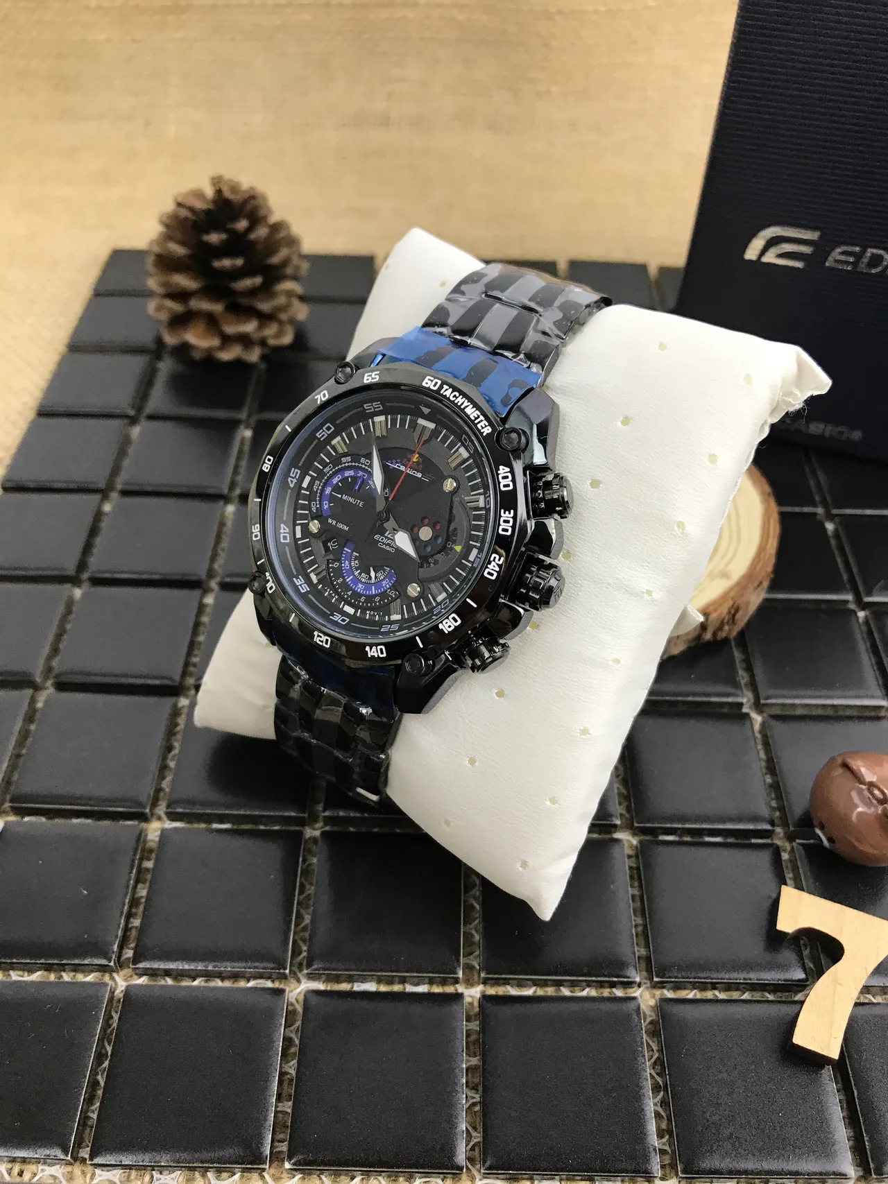 Casio Edifice Black Blue Ion-Plated Case Subdials Watch 5