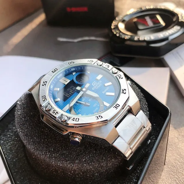 Casio Edifice Blue Silver Octagonal Brushed Stainless Steel Case Hybrid Analog-Digital Display Sports Watch 5