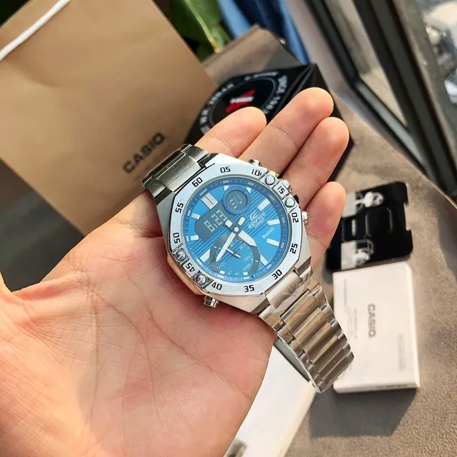 Casio Edifice Blue Silver Octagonal Brushed Stainless Steel Case Hybrid Analog-Digital Display Sports Watch 6
