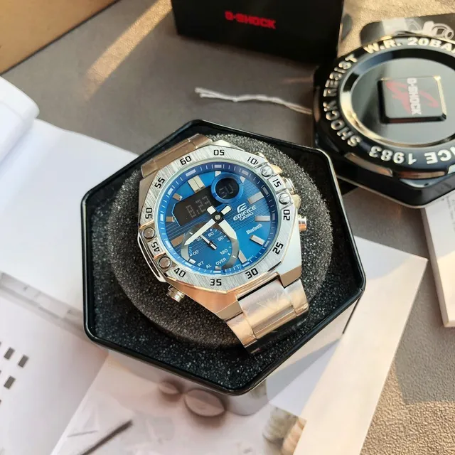 Casio Edifice Blue Silver Octagonal Brushed Stainless Steel Case Hybrid Analog-Digital Display Sports Watch 7