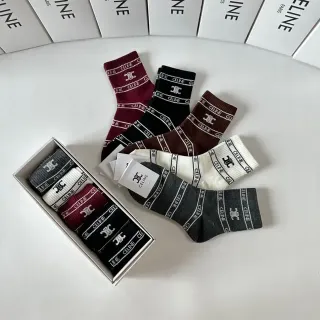 Celine Burgundy Black Logo-Band Cuff Ribbed Knit Socks