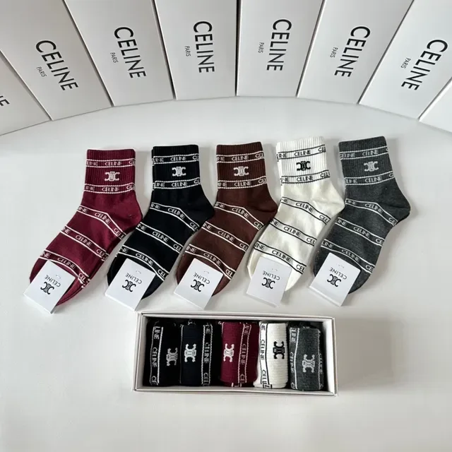 Celine Chaussettes Tricotées à Côtes Burdeos Noir avec Bande Logo et Poignet 3