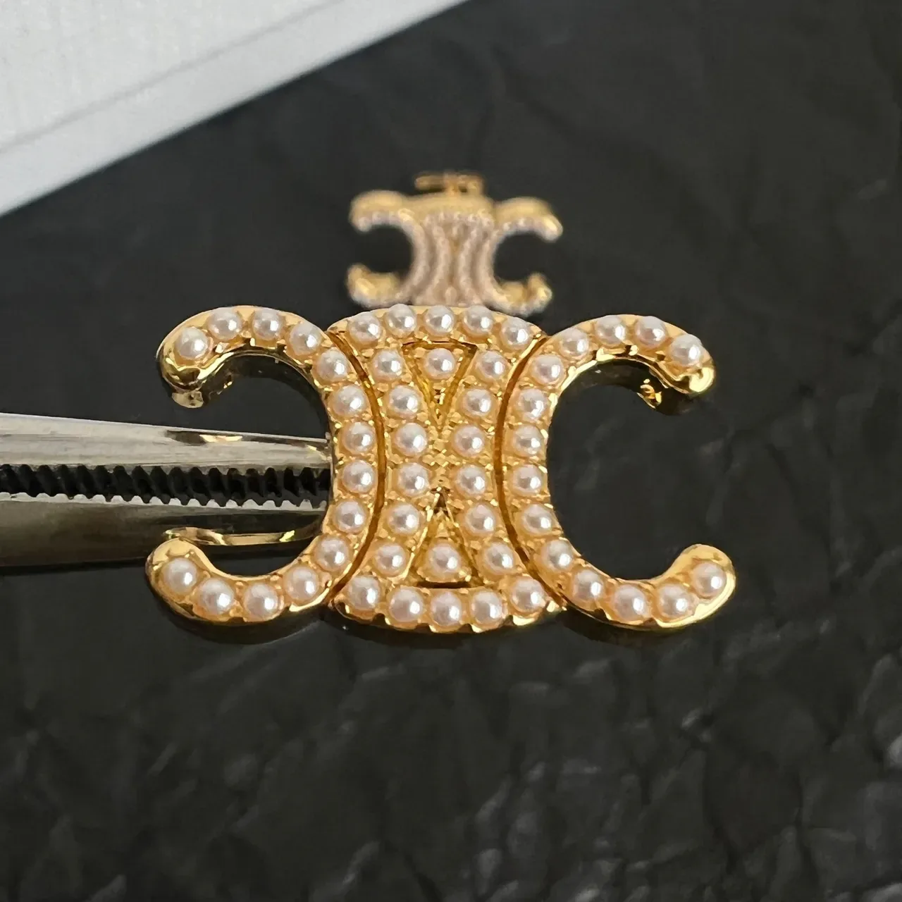 Celine Triomphe Pearl-Embellished Double C Stud Earrings 3