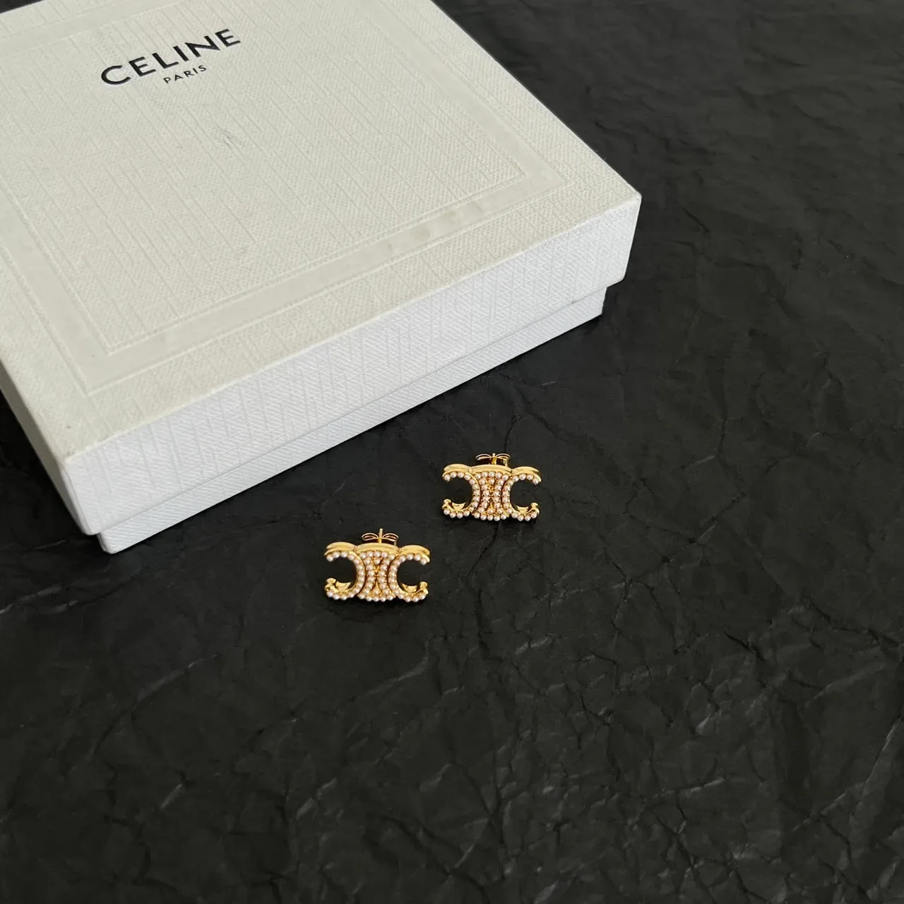 Celine Triomphe Pearl-Embellished Double C Stud Earrings 4