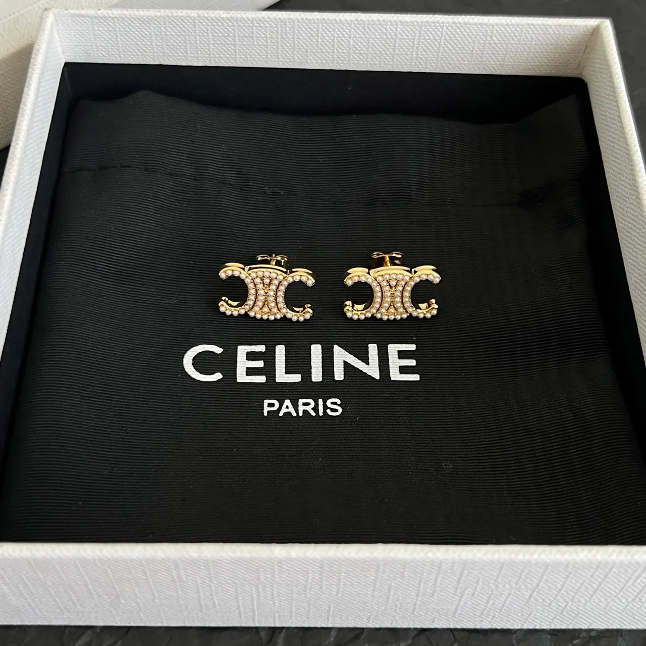 Celine Triomphe Pearl-Embellished Double C Stud Earrings 5