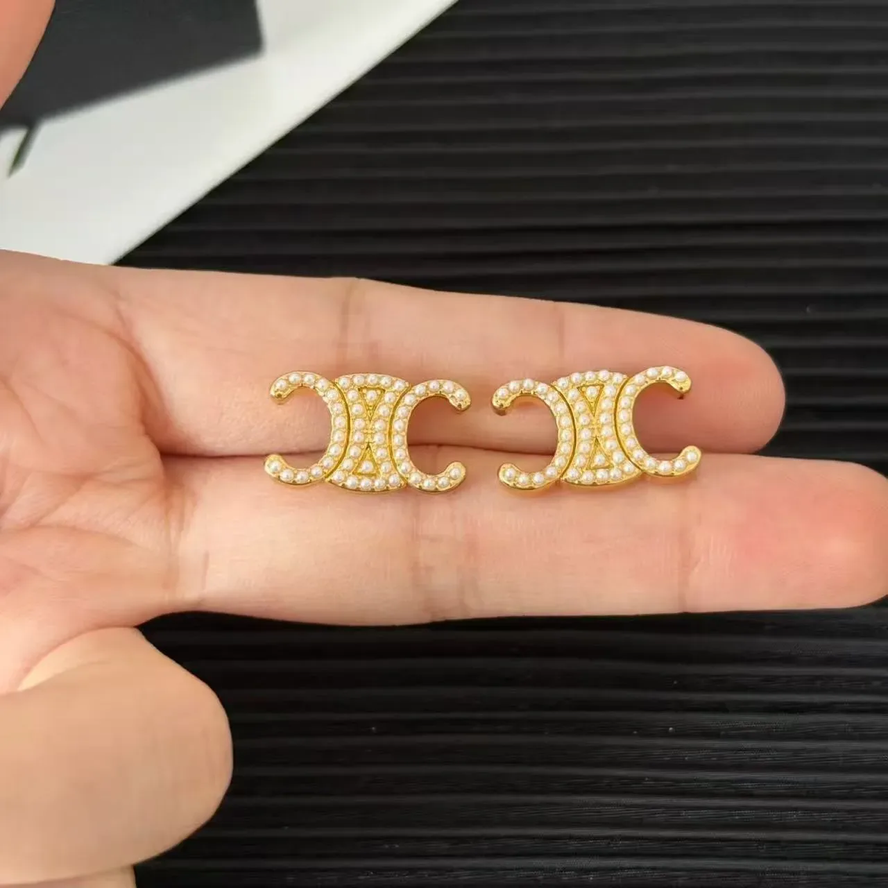 Celine Triomphe Pearl-Embellished Double C Stud Earrings 6