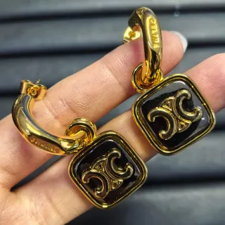 Celine Triomphe Carré Émail Noir Or-Tone Boucles d'Oreilles