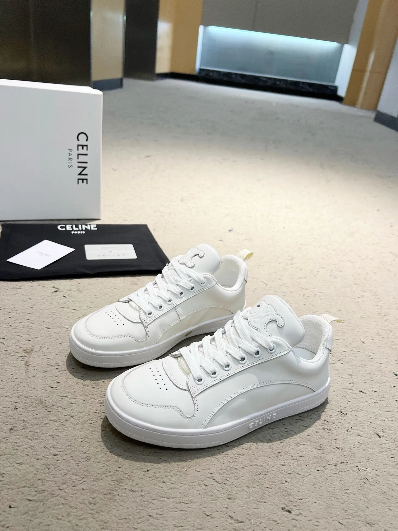 Celine White Monochrome Smooth Leather Upper Lifestyle Sneakers 3